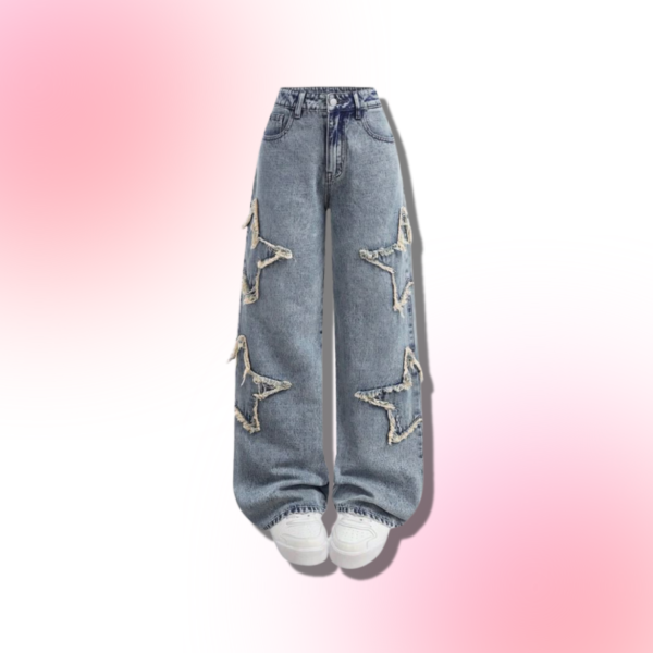 Y2K Trending Star Patched Faded Frayed Boyfriend Baggy Straight Leg Denim Jeans